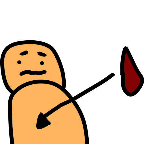 a distressed looking orange figure with an arrow pointing to inside them and a drop of blood